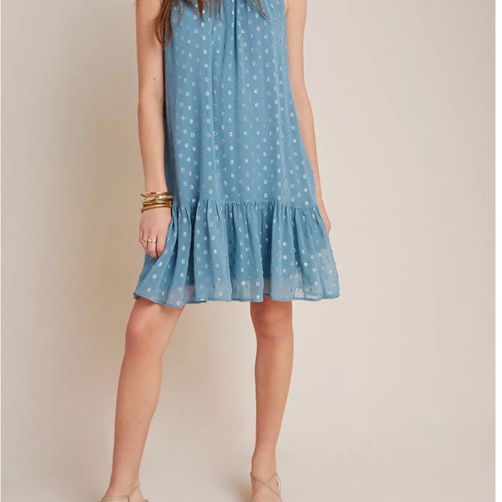 ANTHROPOLOGIE Natalie flounced dress BNWT Size L Blue with Gold Design
